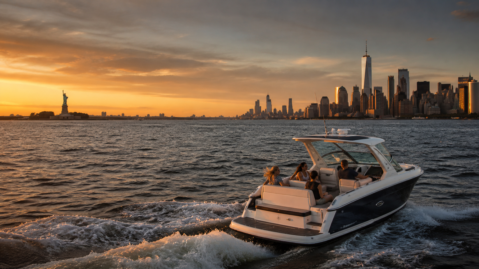 Motorboat cutting through New York Harbor at sunset